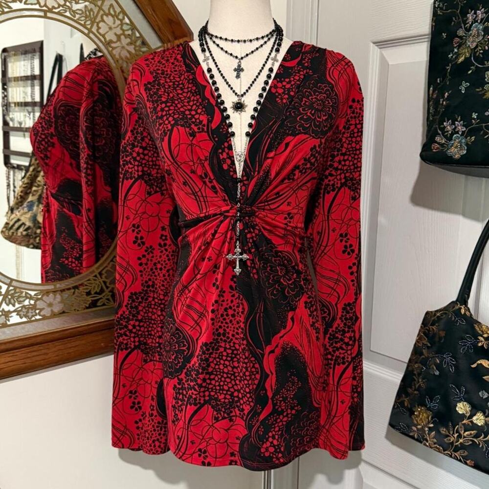 Bisou Bisou Red & Black Floral Long Bell Sleeve V Neck Dark Feminine Vampy Top